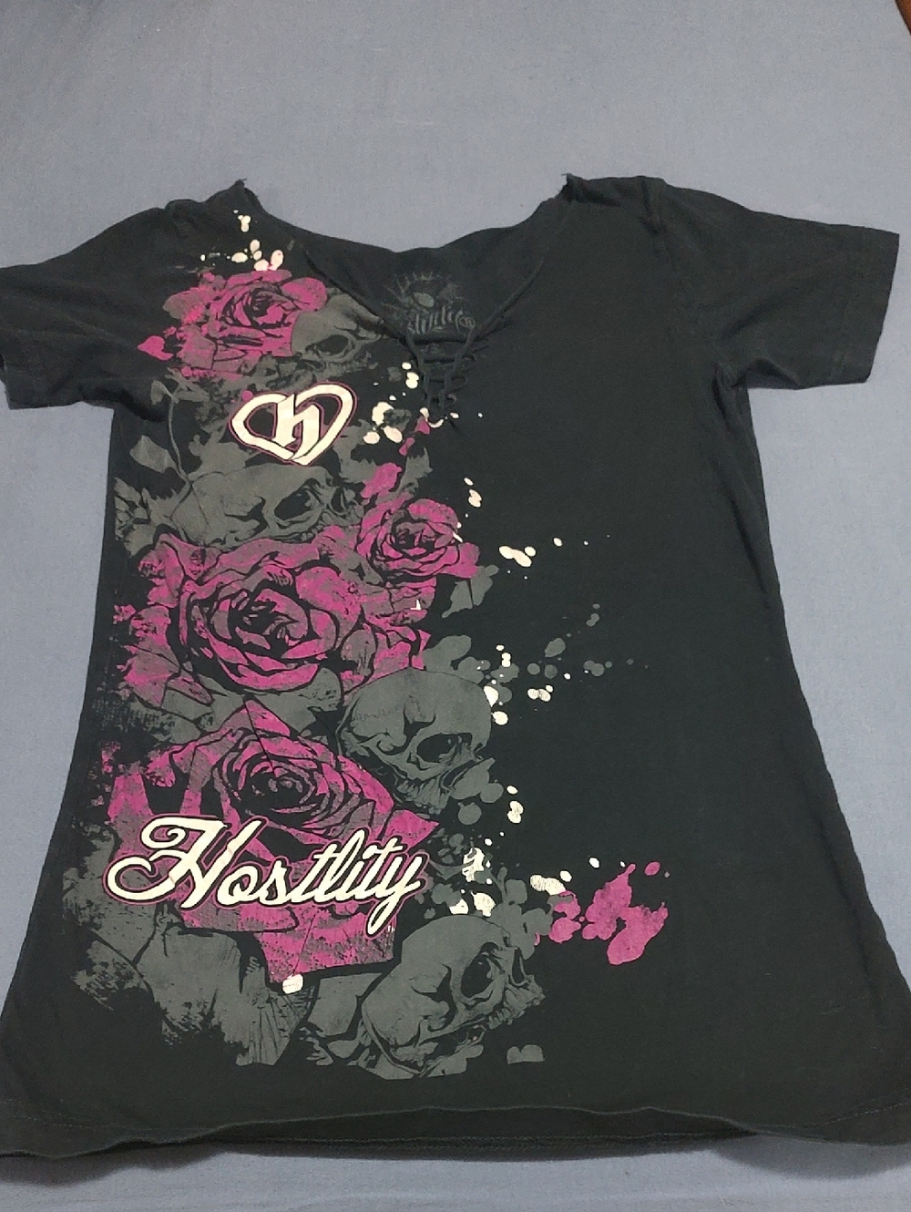 Hostility Women's Black Graphic Tee with Pink Roses
